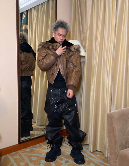 Brown Fur Trim Hood Cropped N2B Bomber Jacket