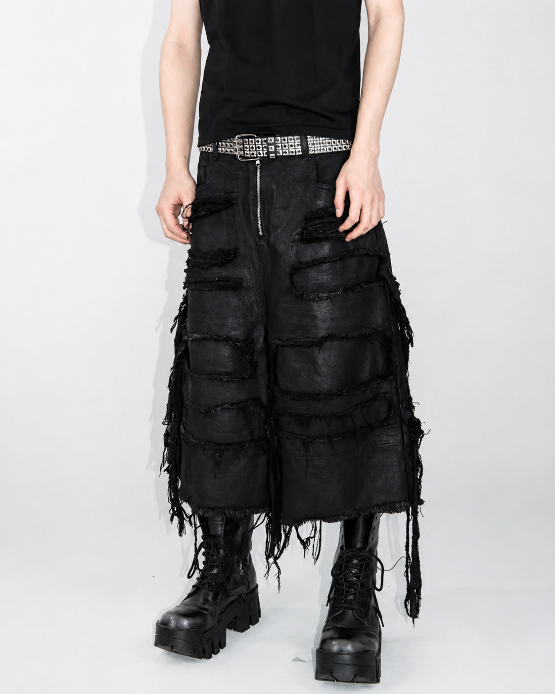 NASTYHUB Distressed Waxed Layered Denim Capri Shorts