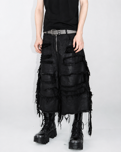 NASTYHUB Distressed Waxed Layered Denim Capri Shorts