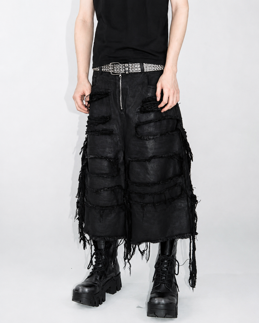 Distressed Waxed Layered Denim Capri Shorts