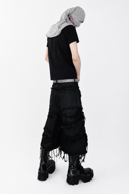 NASTYHUB Distressed Waxed Layered Denim Capri Shorts
