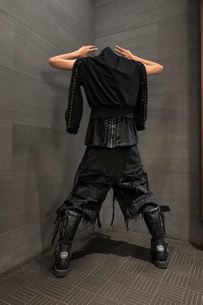 NASTYHUB Distressed Waxed Layered Denim Capri Shorts