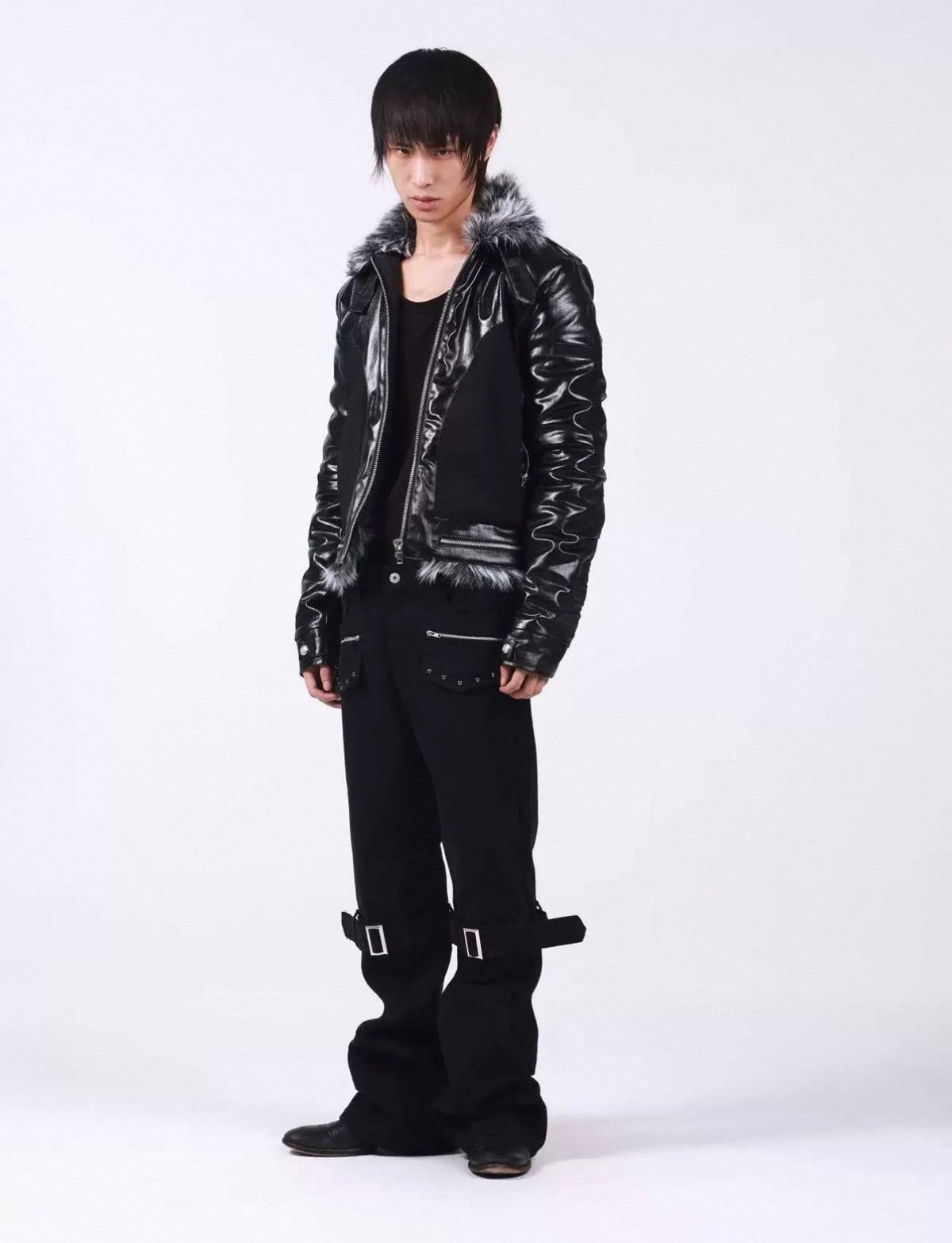 Cross Buckle Wax-Washed Fur Collar Padded Jacket