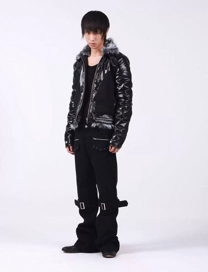 Cross Buckle Wax-Washed Fur Collar Padded Jacket