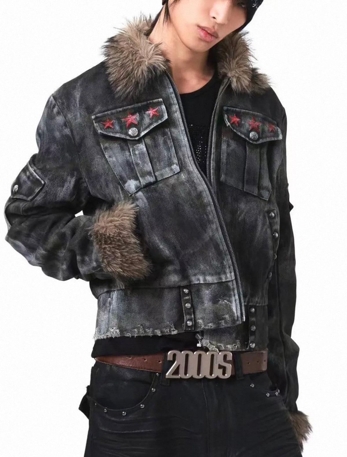 Washed Distressed Rivet Fur Collar Jacket