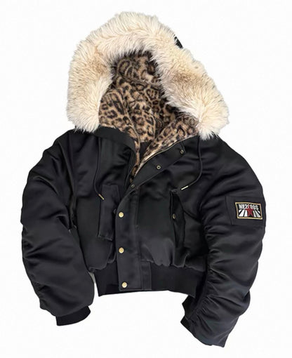 Leopard Fur Collar Red Star Hooded Padded Jacket