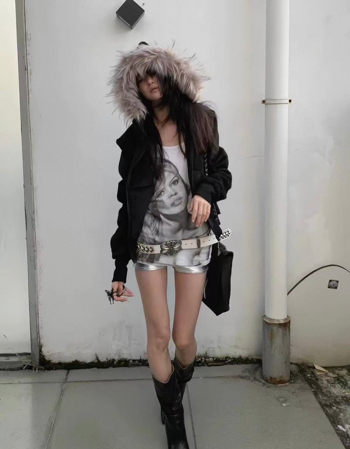 Cross Coffin Golden Raccoon Fur High Collar Hooded Fringe Jacket