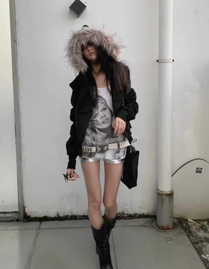 Cross Coffin Golden Raccoon Fur High Collar Hooded Fringe Jacket