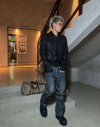 Black Coated Distressed Hem Cropped Denim Jacket
