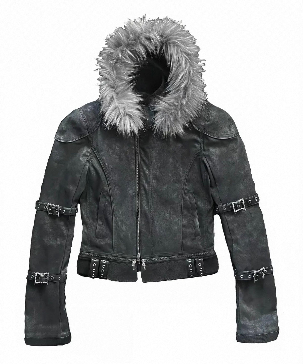 Vein Texture Sacred Sword Buckle Detachable Fur Hood PU Leather Jacket