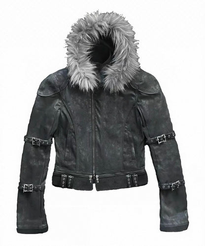 Vein Texture Sacred Sword Buckle Detachable Fur Hood PU Leather Jacket