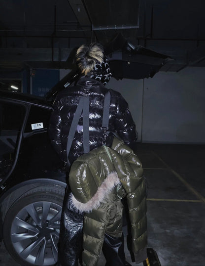 Glossy Detachable Hood Fur Collar Strap Padded Jacket