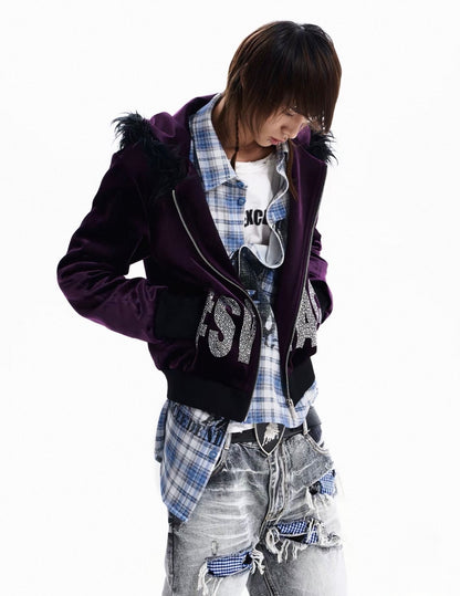 Rhinestone Logo Fur Collar Zip-Up Hoodie Jacket