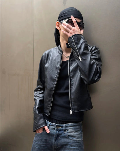 Embossed Slim Fit Cropped Faux Leather Jacket