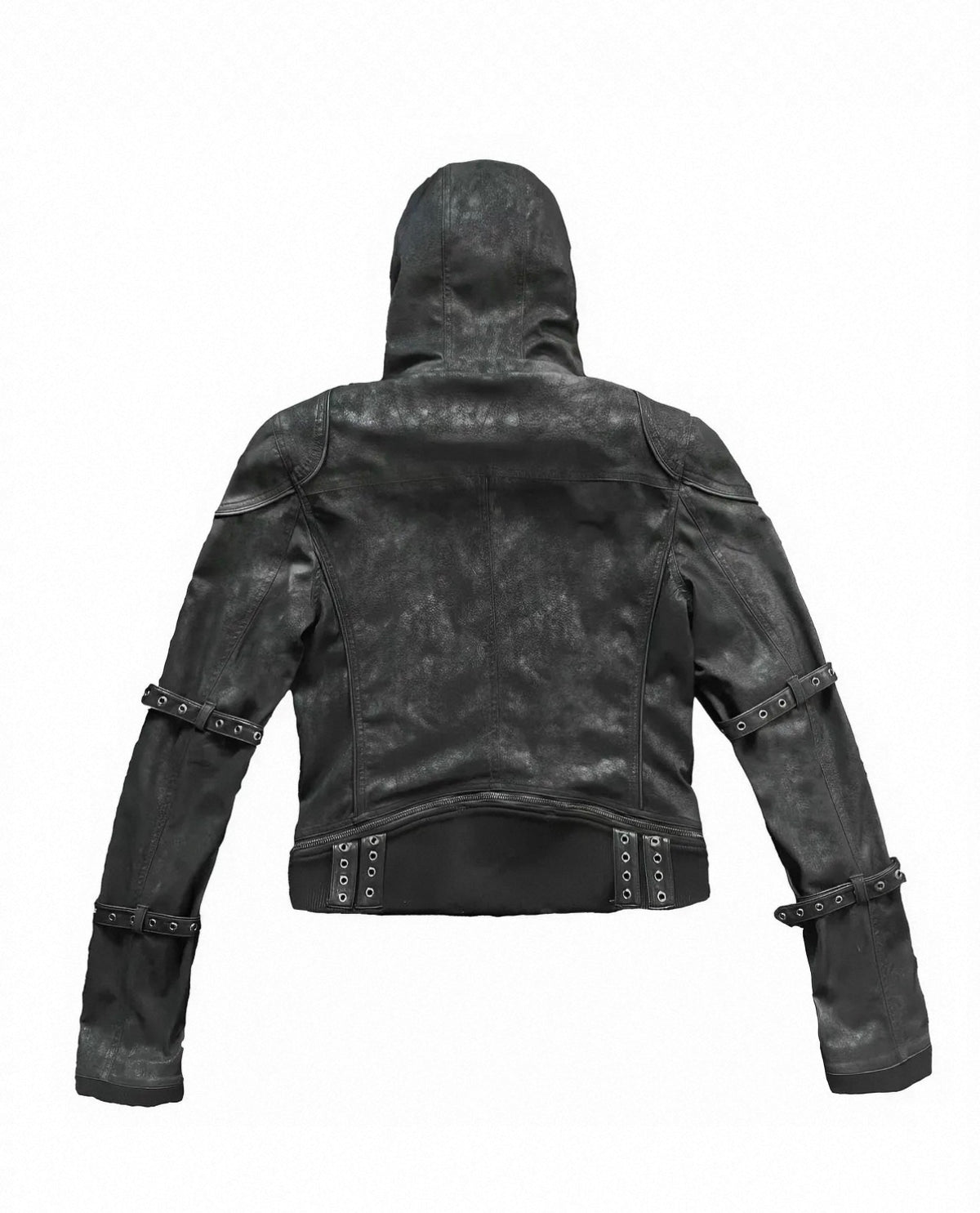 Vein Texture Sacred Sword Buckle Detachable Fur Hood PU Leather Jacket