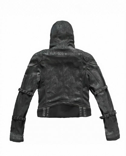 Vein Texture Sacred Sword Buckle Detachable Fur Hood PU Leather Jacket