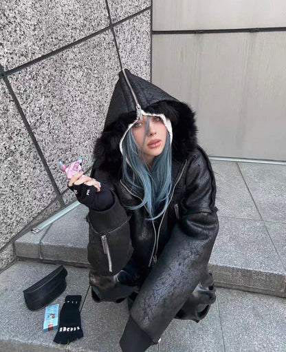 REBEL WAVE PU Leather Far Jacket