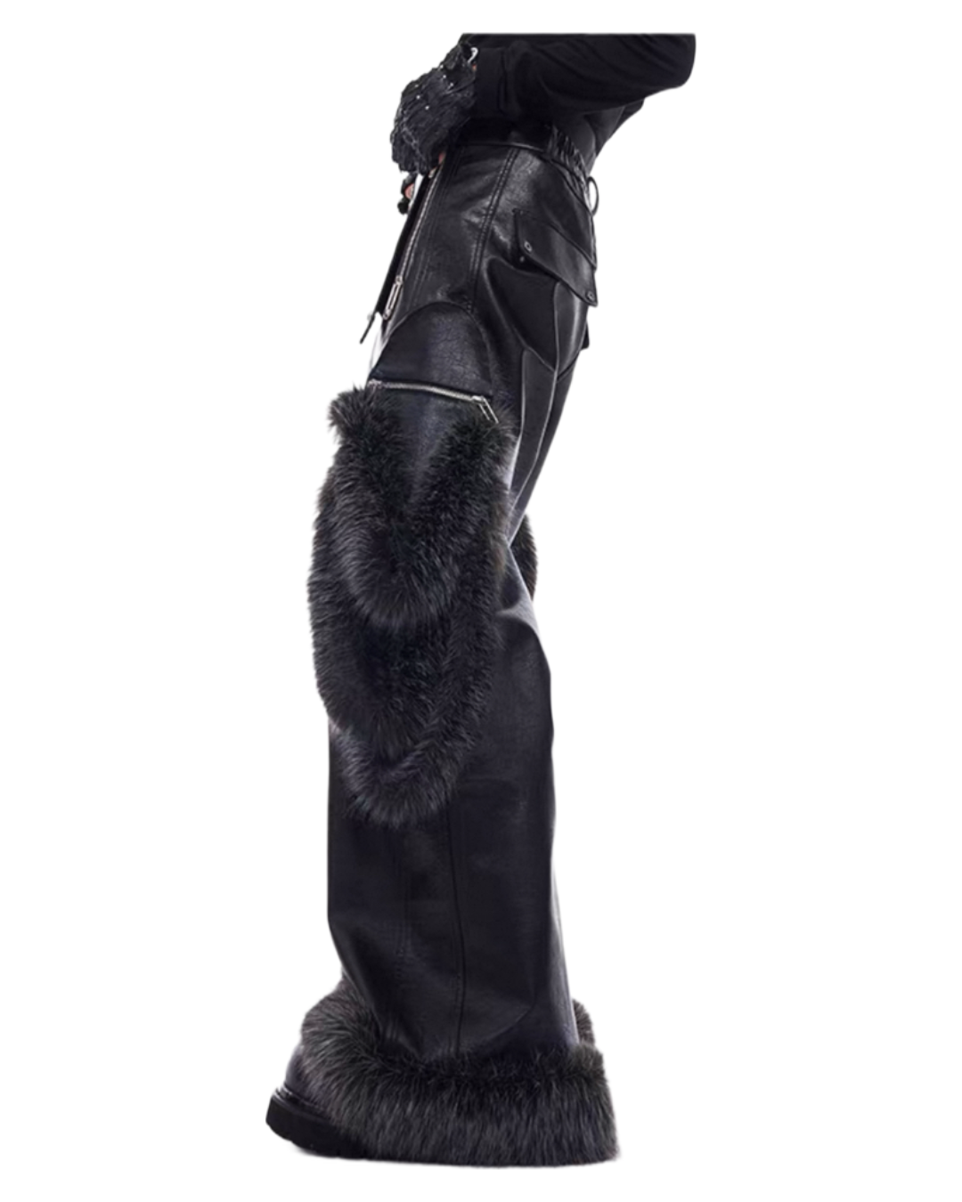 STARTEXCEEDEND Splicing Leather Fur Cargo Pants