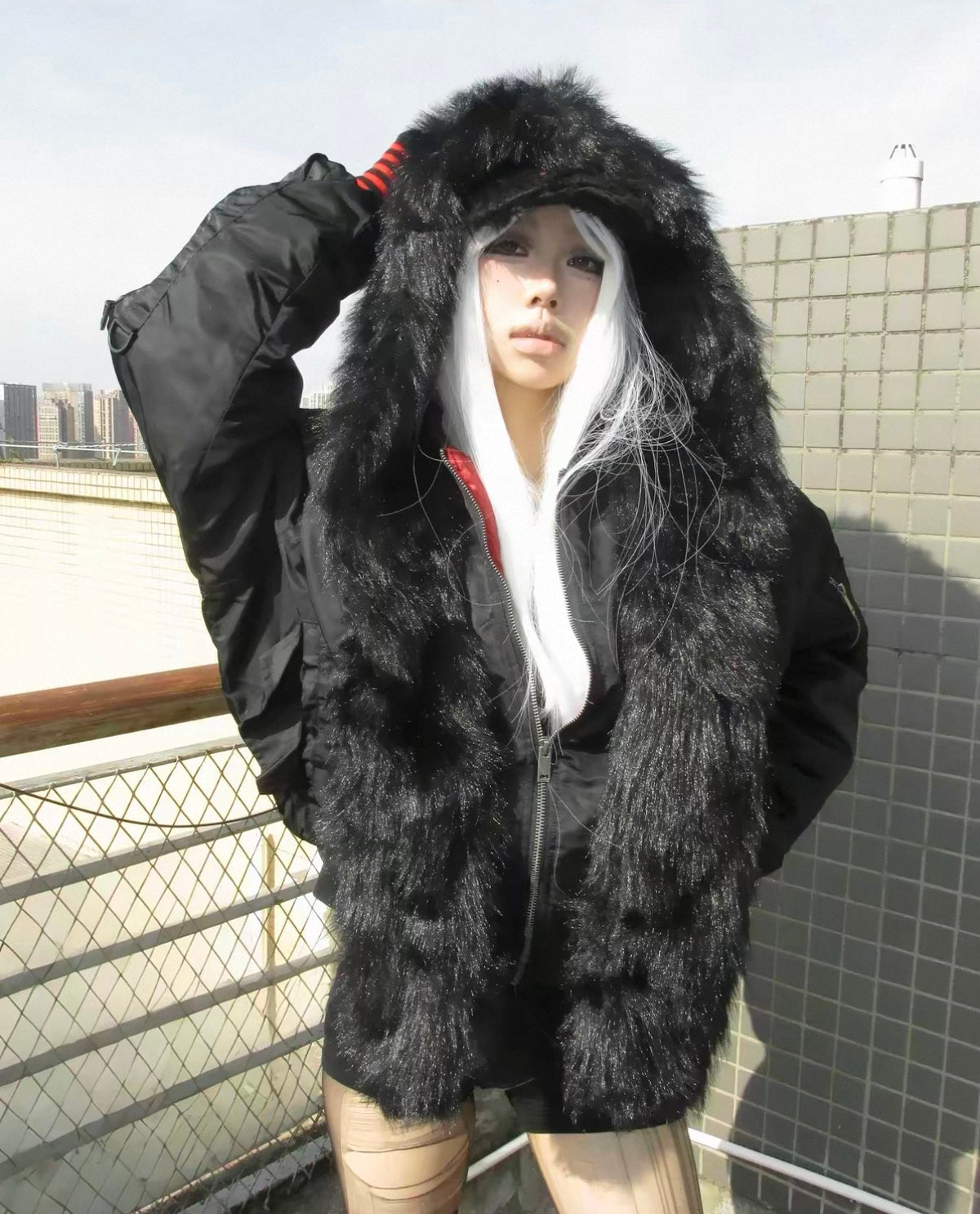 Cross Graphic Detachable Fur Collar Hooded MA-1 Jacket