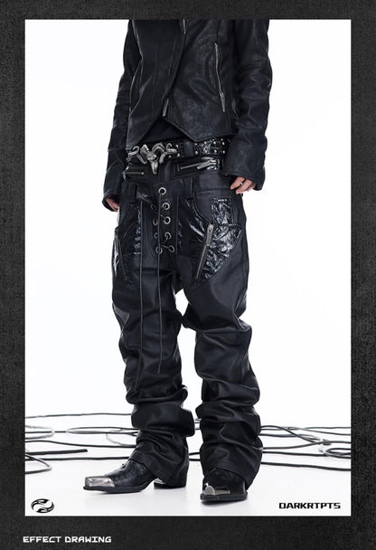 Double Waist PU Panel Drawstring Straight Jeans
