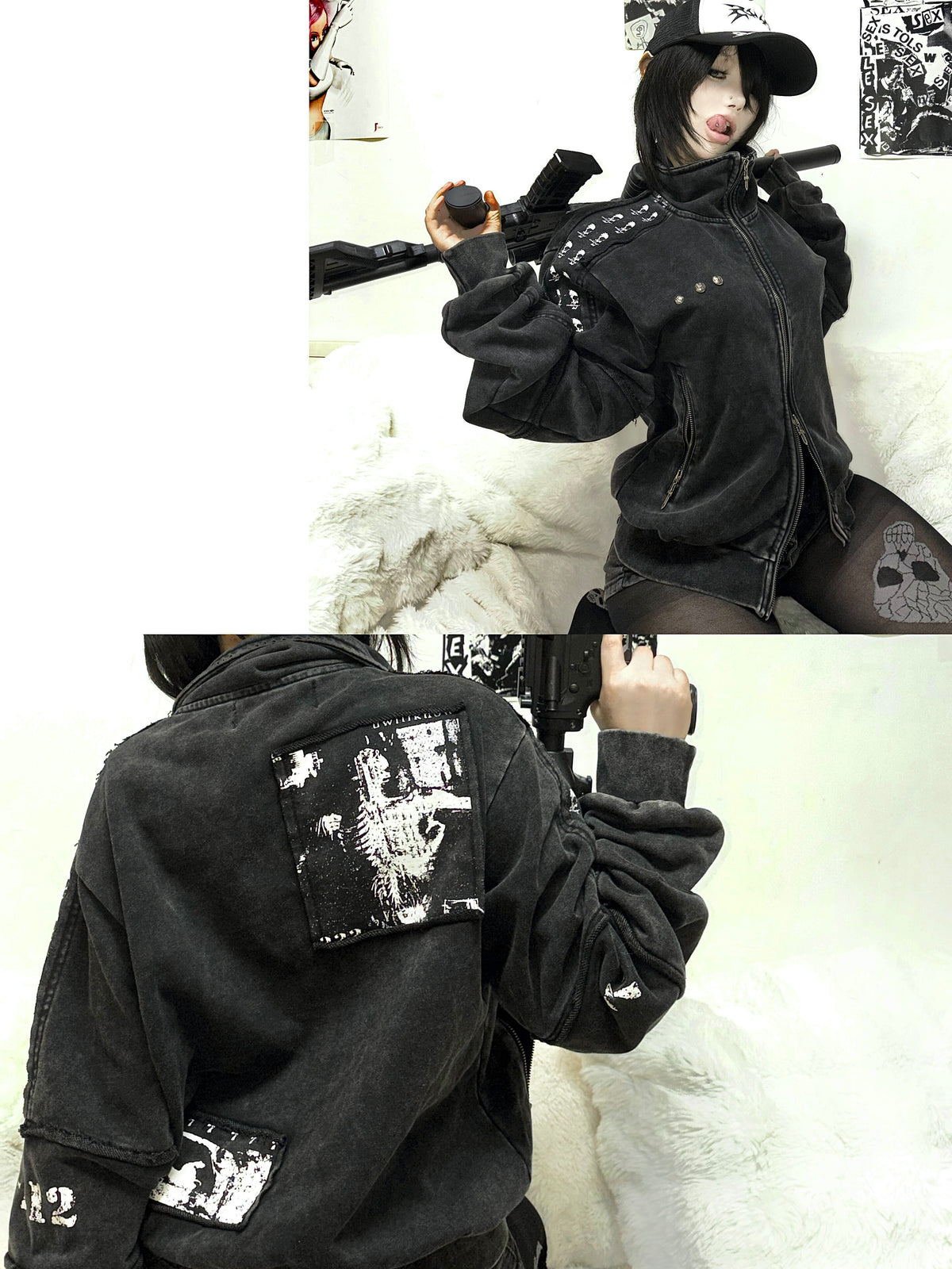 Washed Graphic Patch Stand Collar Zip Jacket