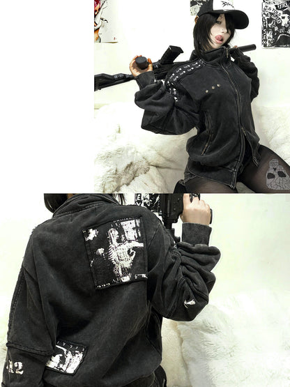 Washed Graphic Patch Stand Collar Zip Jacket
