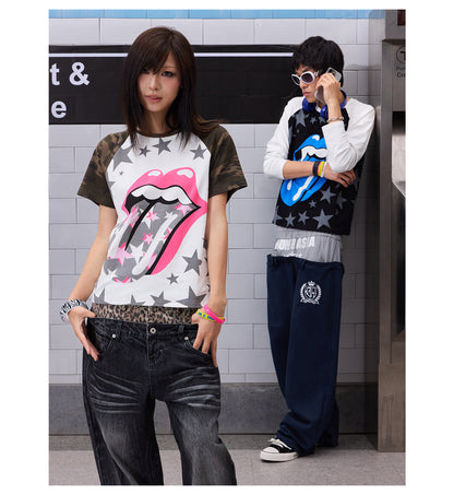 Tongue and Star Graphic Raglan Long Sleeve Top