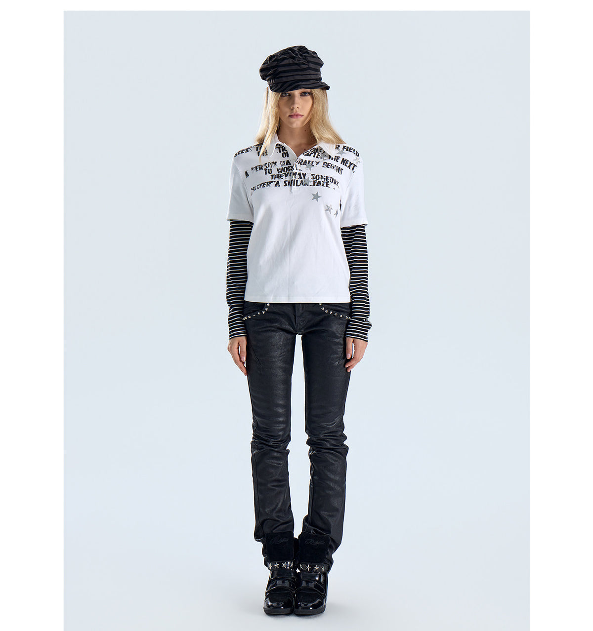 Star Pattern Layered Look Long Sleeve Polo Shirt