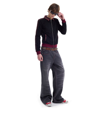 Black Red Embroidered Slim Fit Zip Jacket