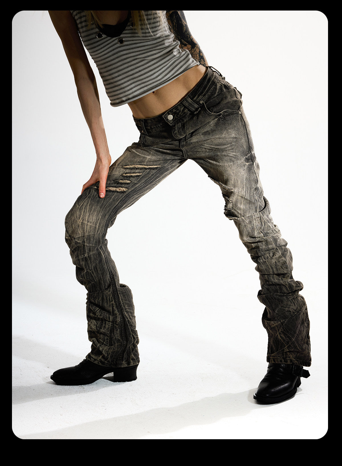 Khaki Studded Curved Seam Stacked Jeans