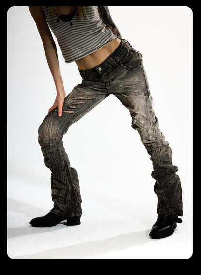 Khaki Studded Curved Seam Stacked Jeans
