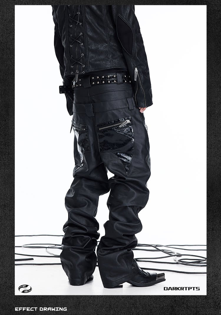 Double Waist PU Panel Drawstring Straight Jeans