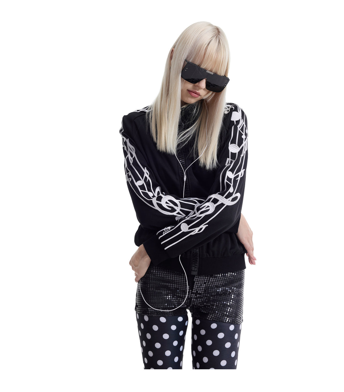 Musical Note Embroidered Stand Collar Zip Jacket
