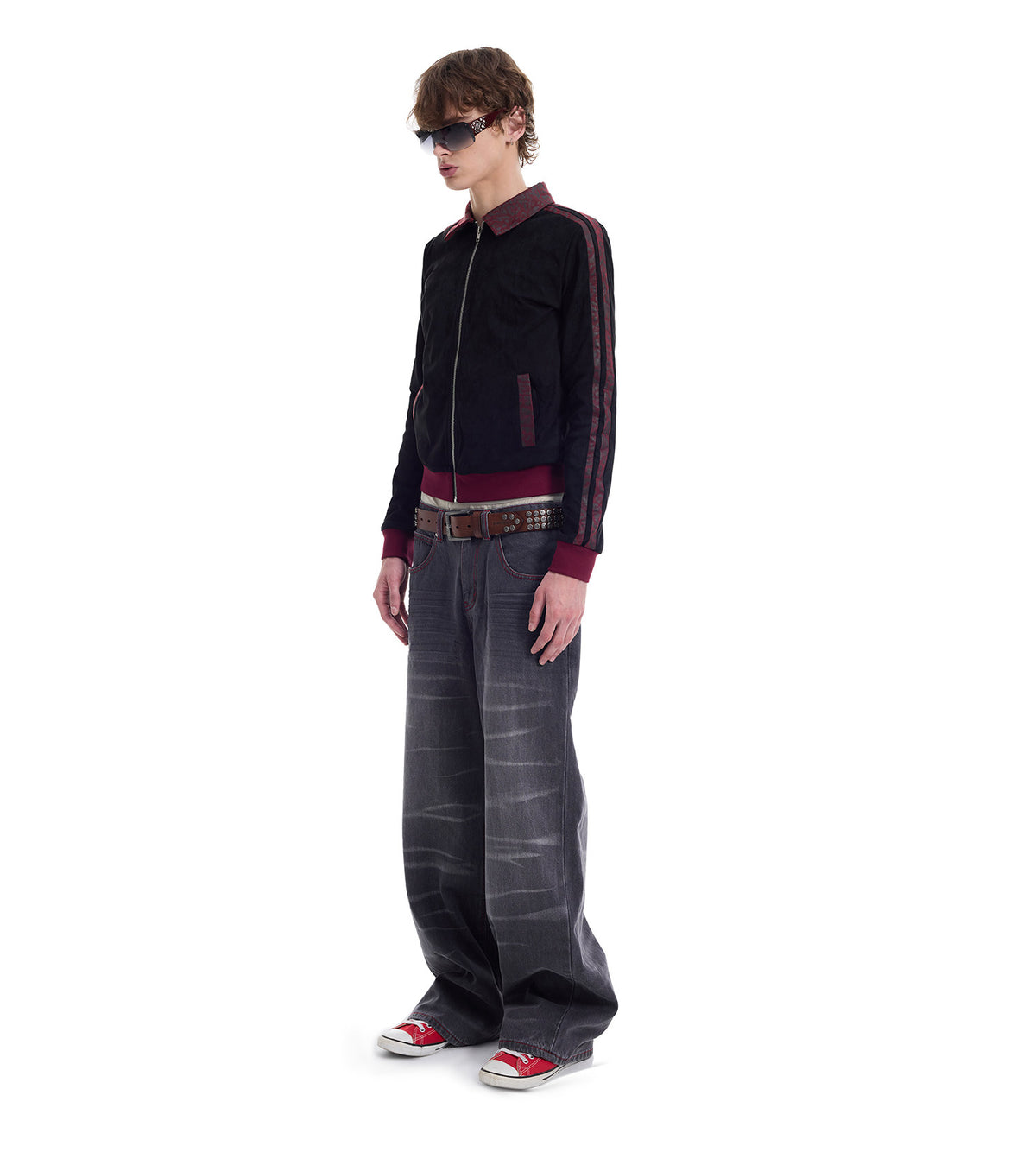 Black Red Embroidered Slim Fit Zip Jacket