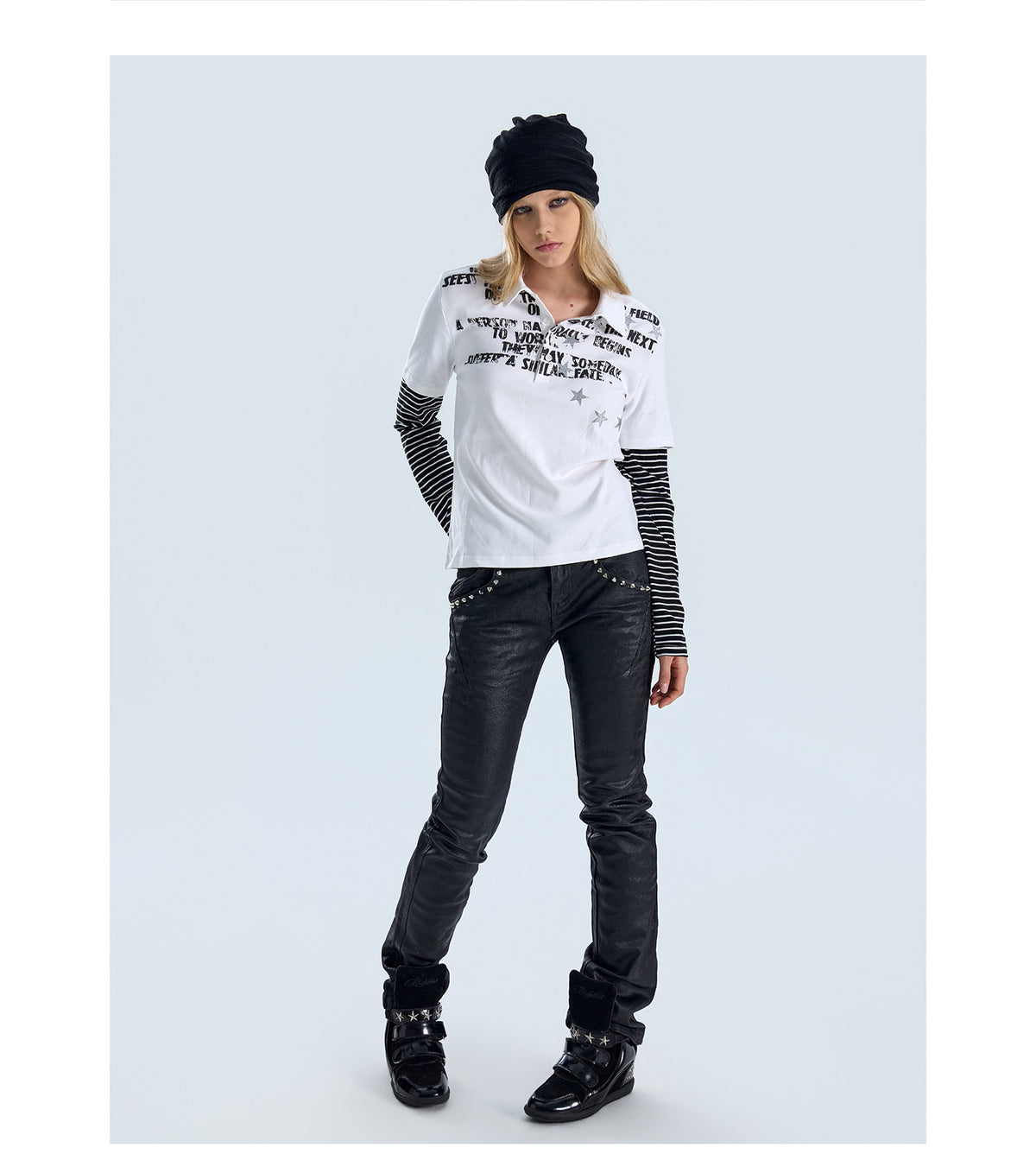 Star Pattern Layered Look Long Sleeve Polo Shirt