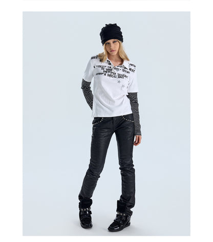 Star Pattern Layered Look Long Sleeve Polo Shirt