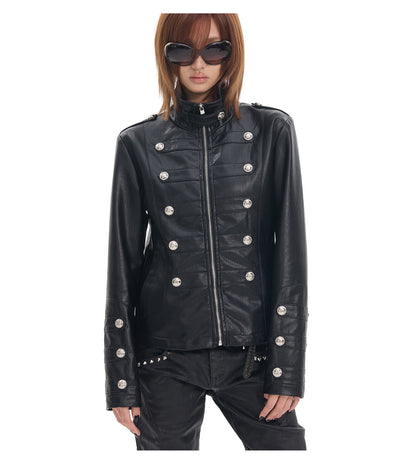Military Button Cropped Faux Leather Jacket