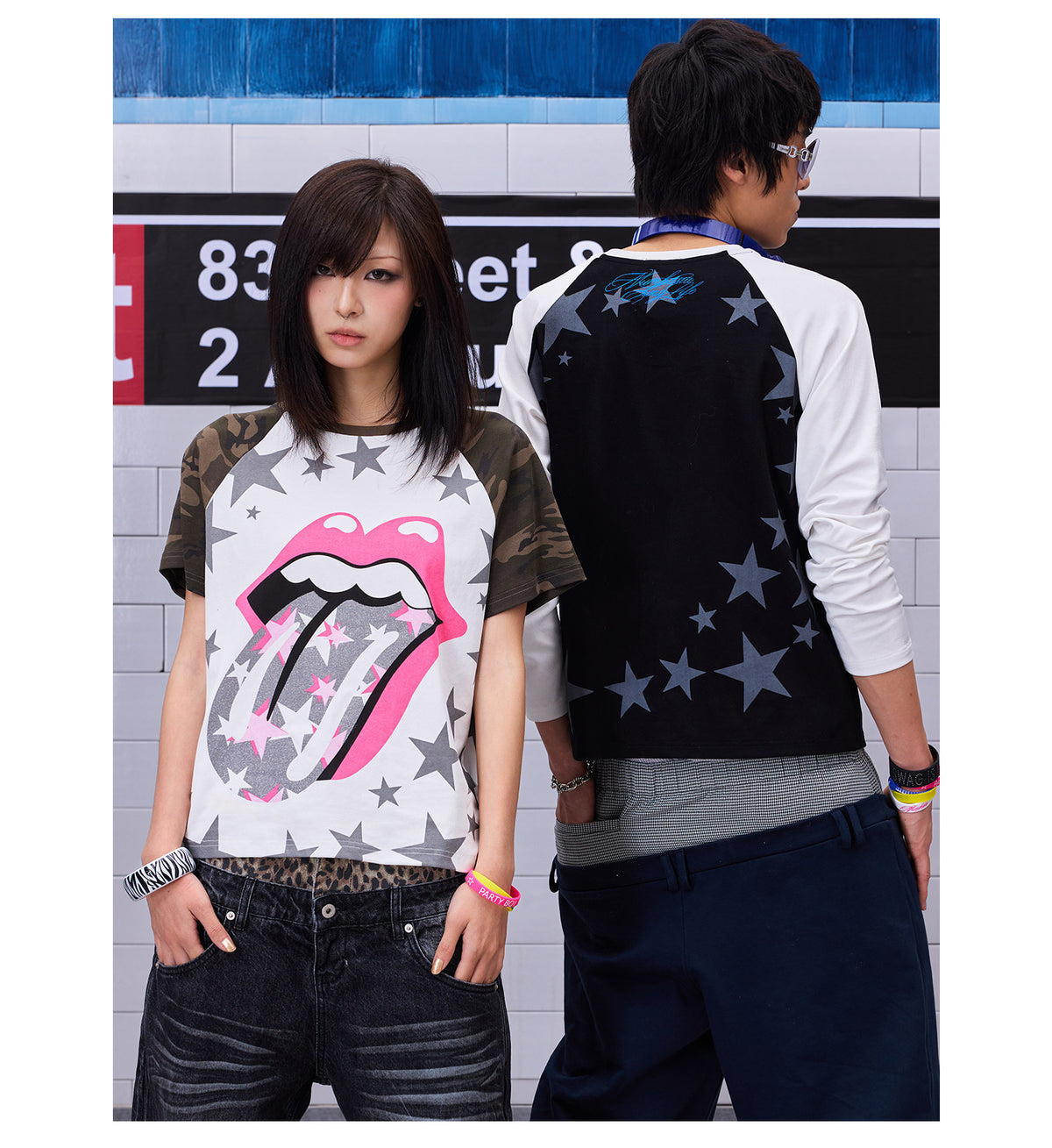 Tongue and Star Graphic Raglan Long Sleeve Top