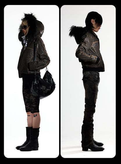 Detachable Faux Fur Collar Jacquard Zip Jacket