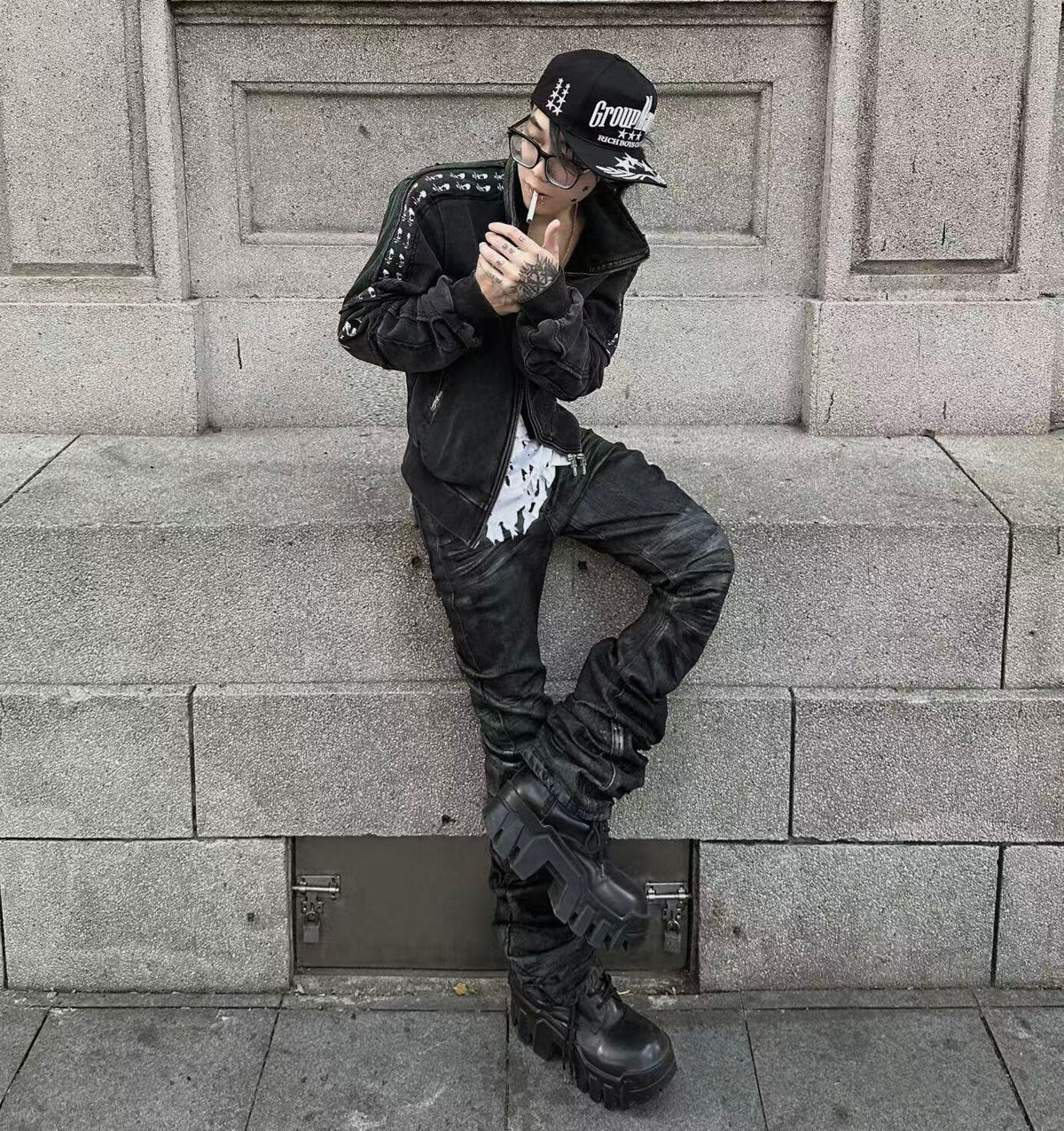 Washed Graphic Patch Stand Collar Zip Jacket