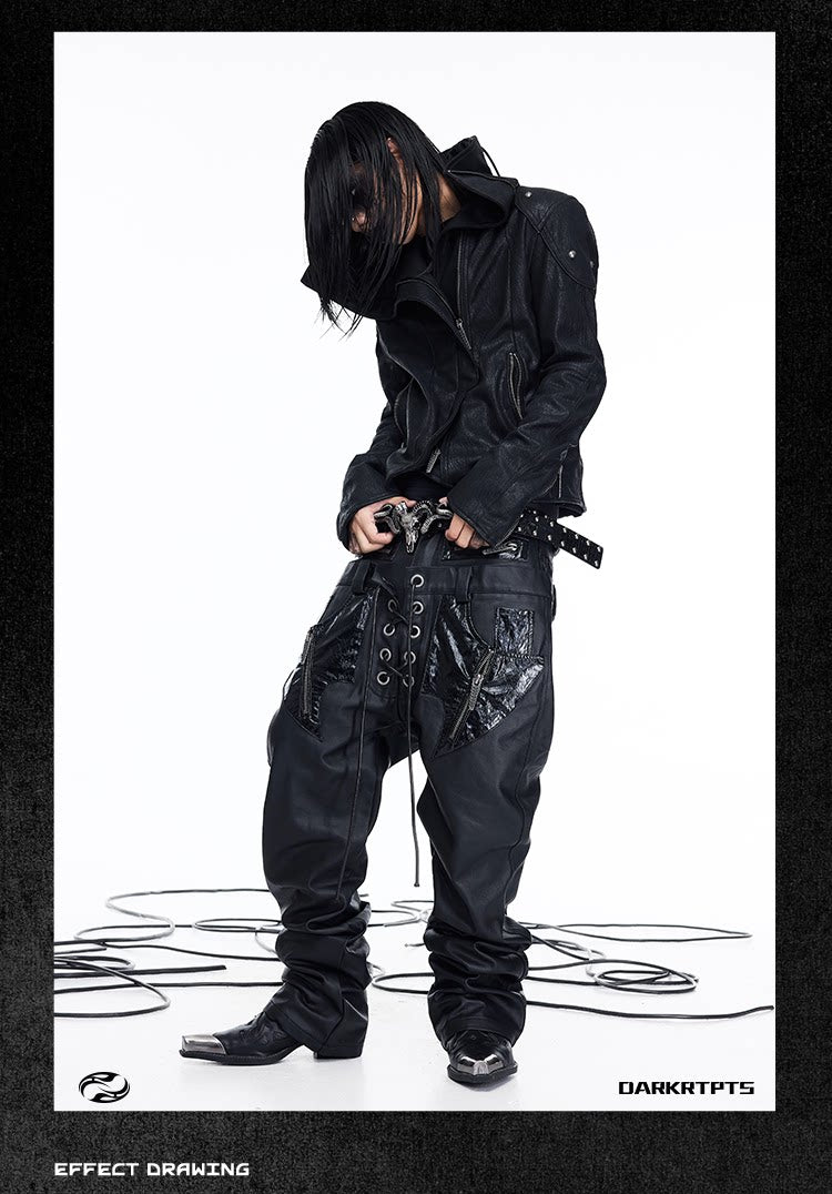 Double Waist PU Panel Drawstring Straight Jeans