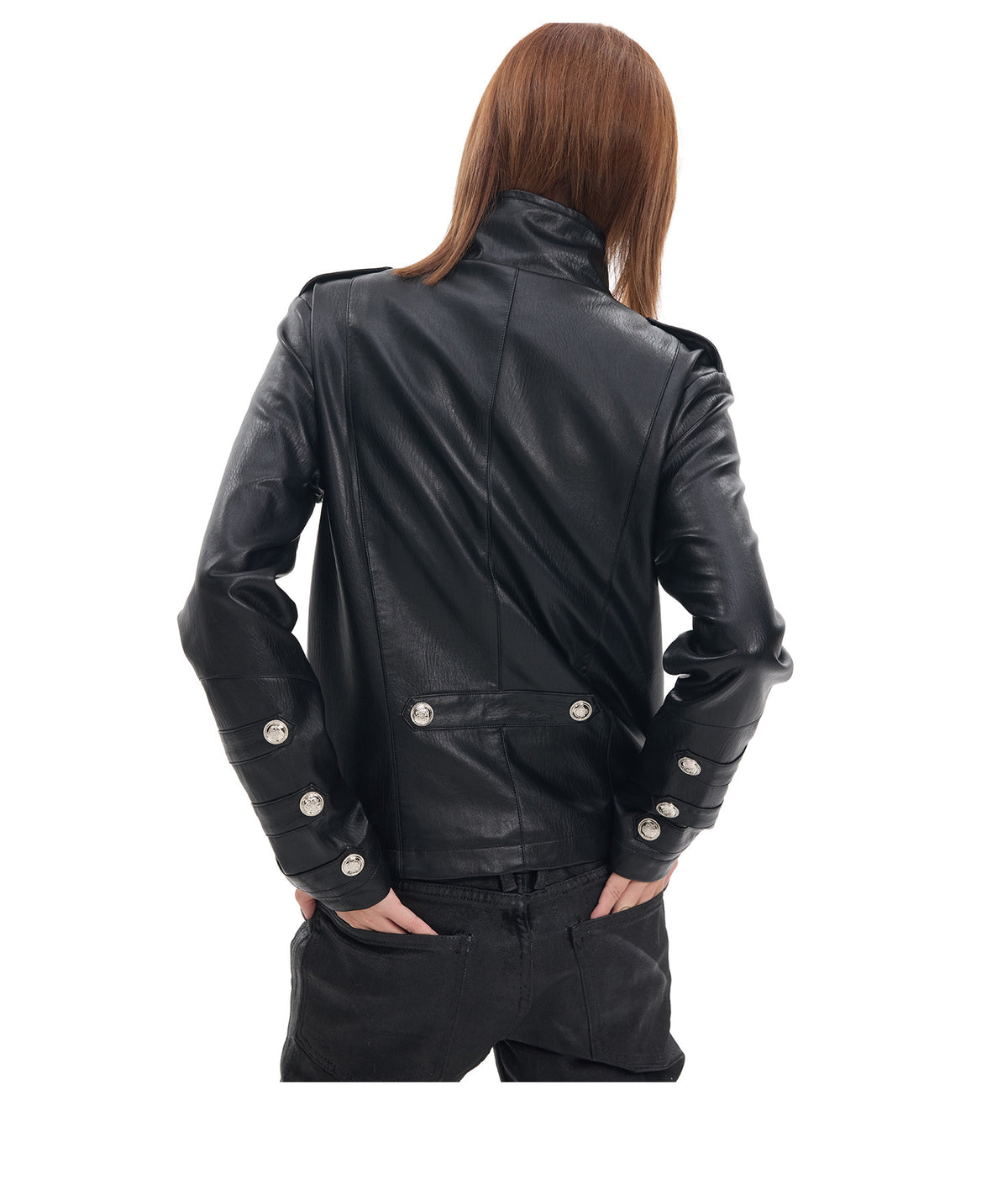 Military Button Cropped Faux Leather Jacket