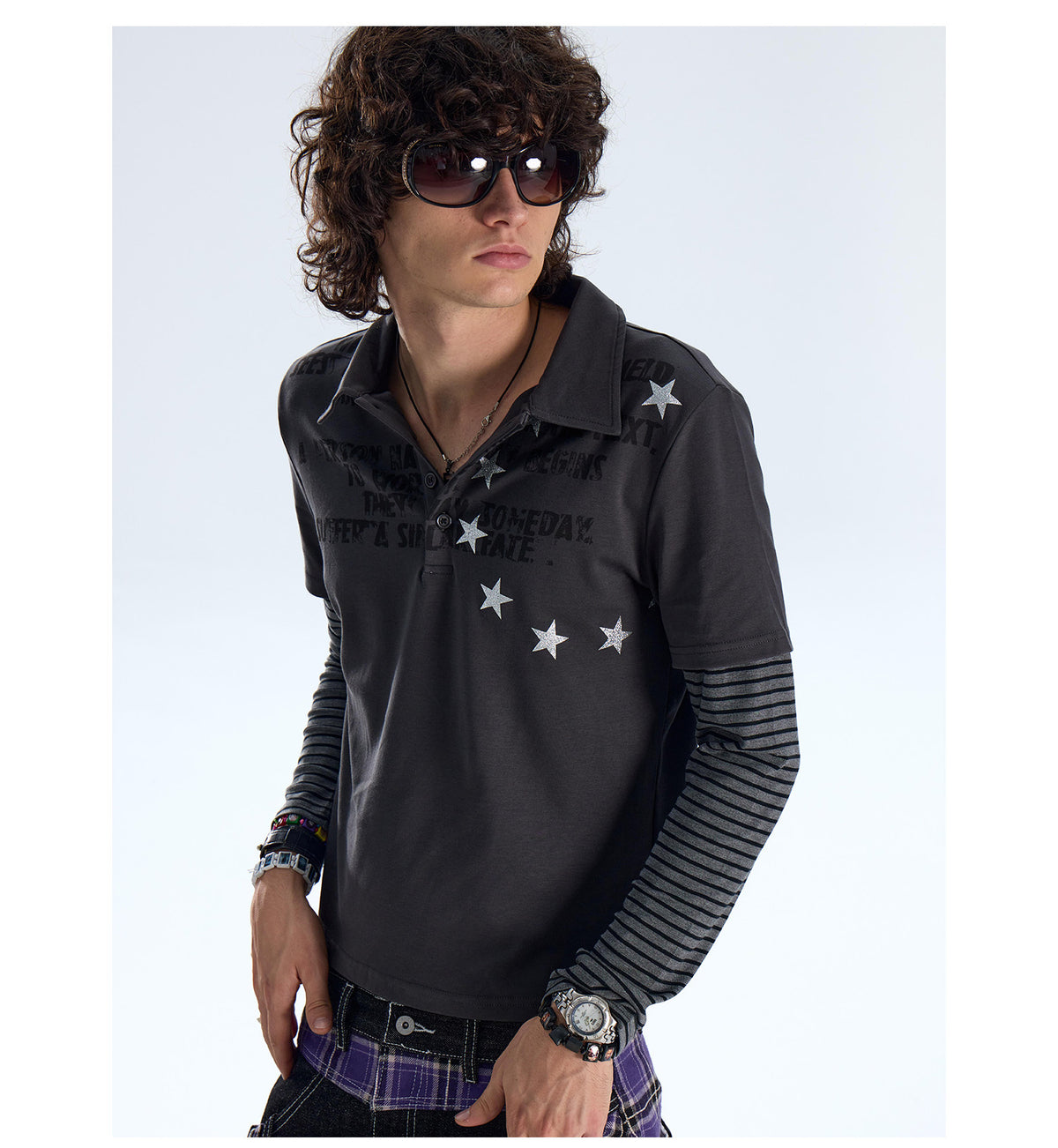 Star Pattern Layered Look Long Sleeve Polo Shirt