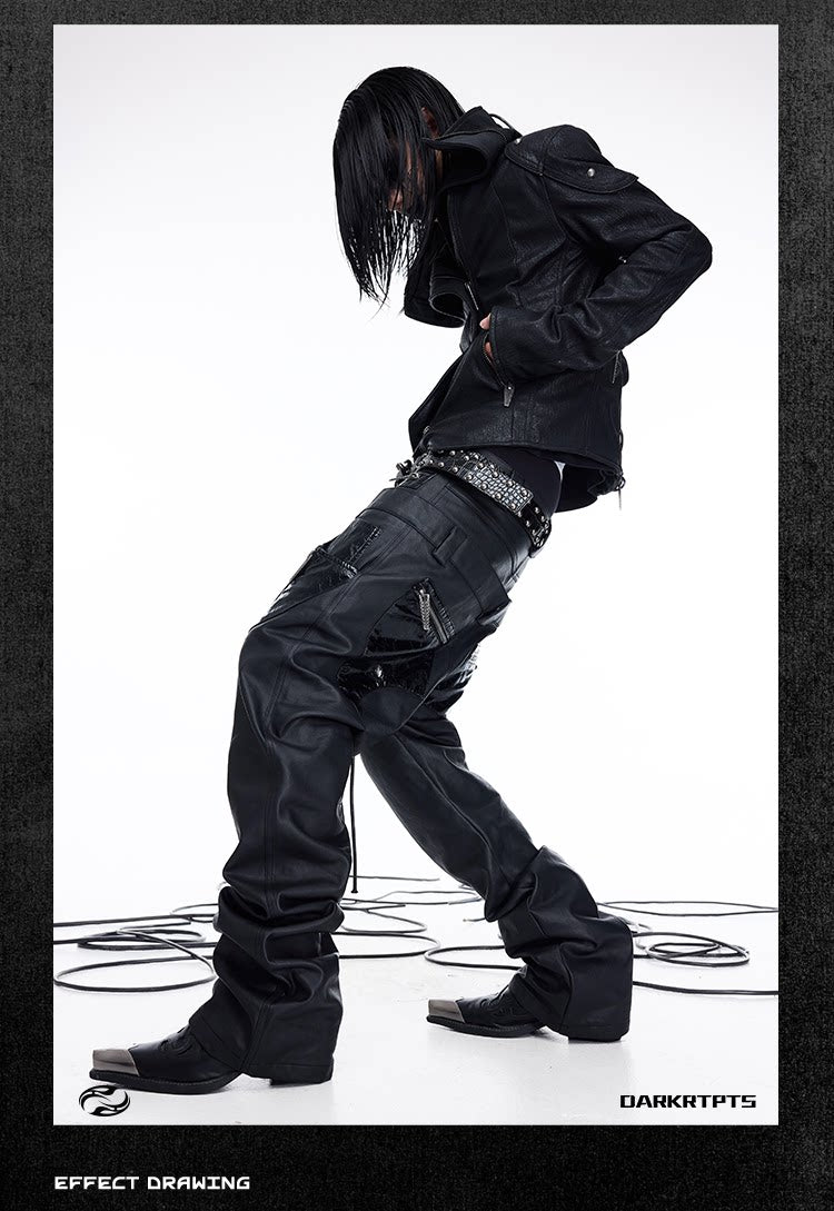 Double Waist PU Panel Drawstring Straight Jeans