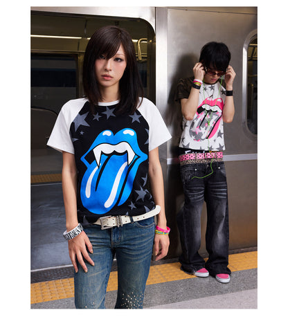 Tongue and Star Graphic Raglan Long Sleeve Top