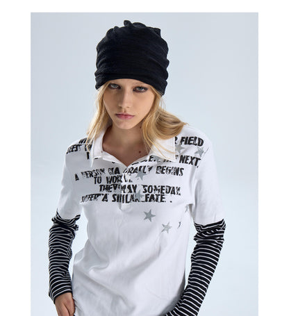 Star Pattern Layered Look Long Sleeve Polo Shirt