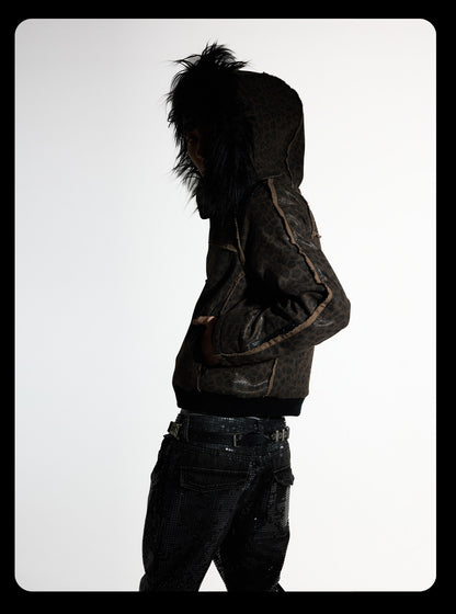 Detachable Faux Fur Collar Jacquard Zip Jacket