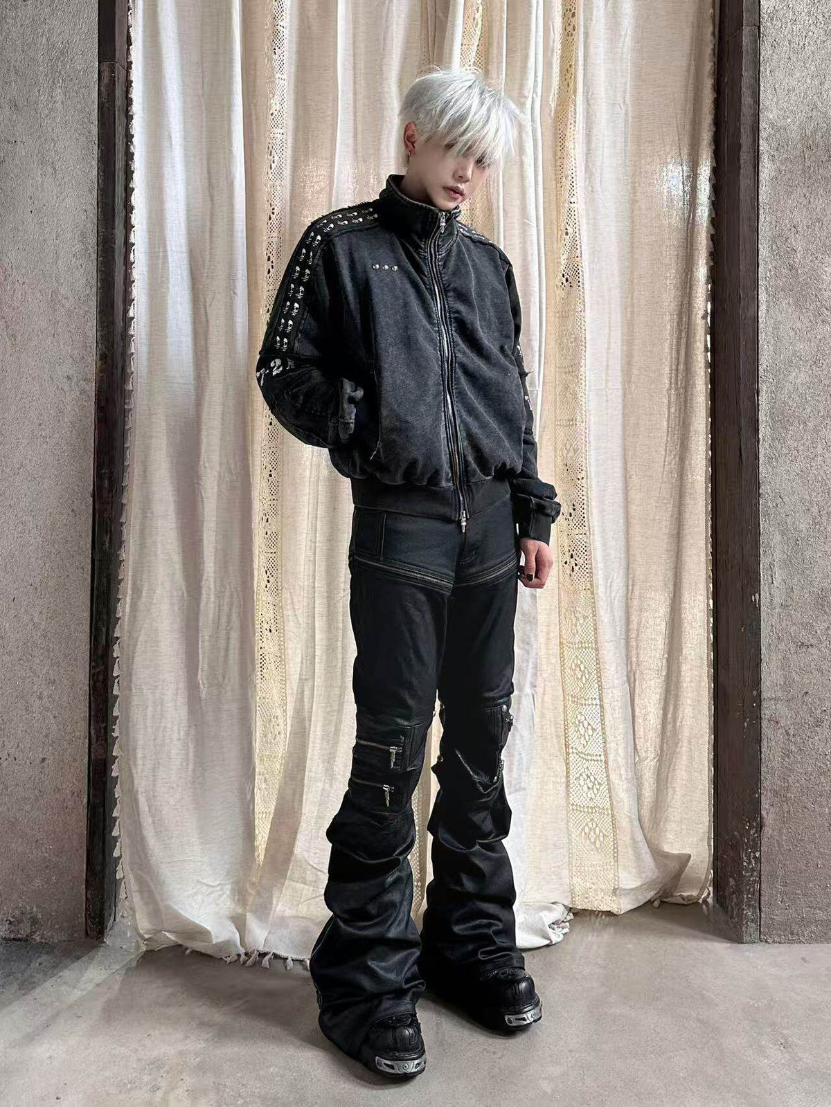 Washed Graphic Patch Stand Collar Zip Jacket
