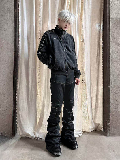 Washed Graphic Patch Stand Collar Zip Jacket