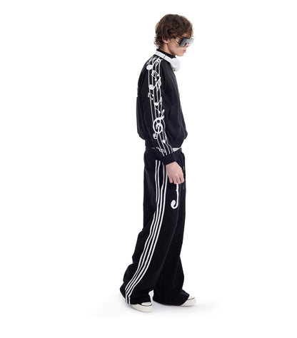 Musical Note Embroidered Stand Collar Zip Jacket